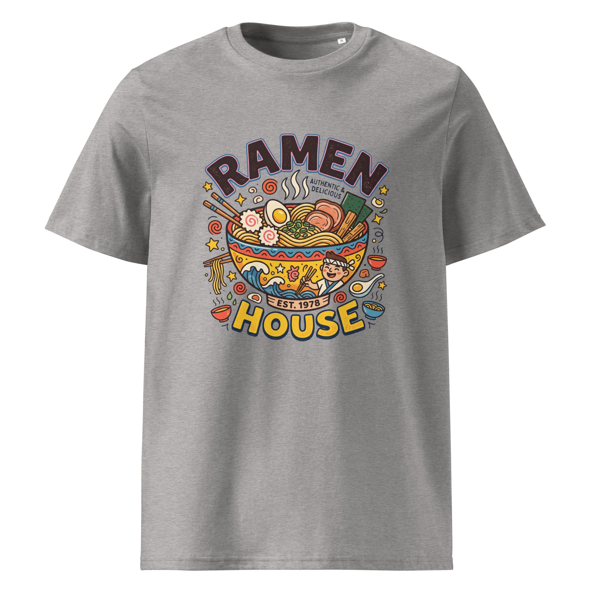 A heather gray short-sleeve crewneck t-shirt featuring a colorful graphic print of a ramen bowl with the text 'RAMEN HOUSE' and 'EST. 1978' on the front.