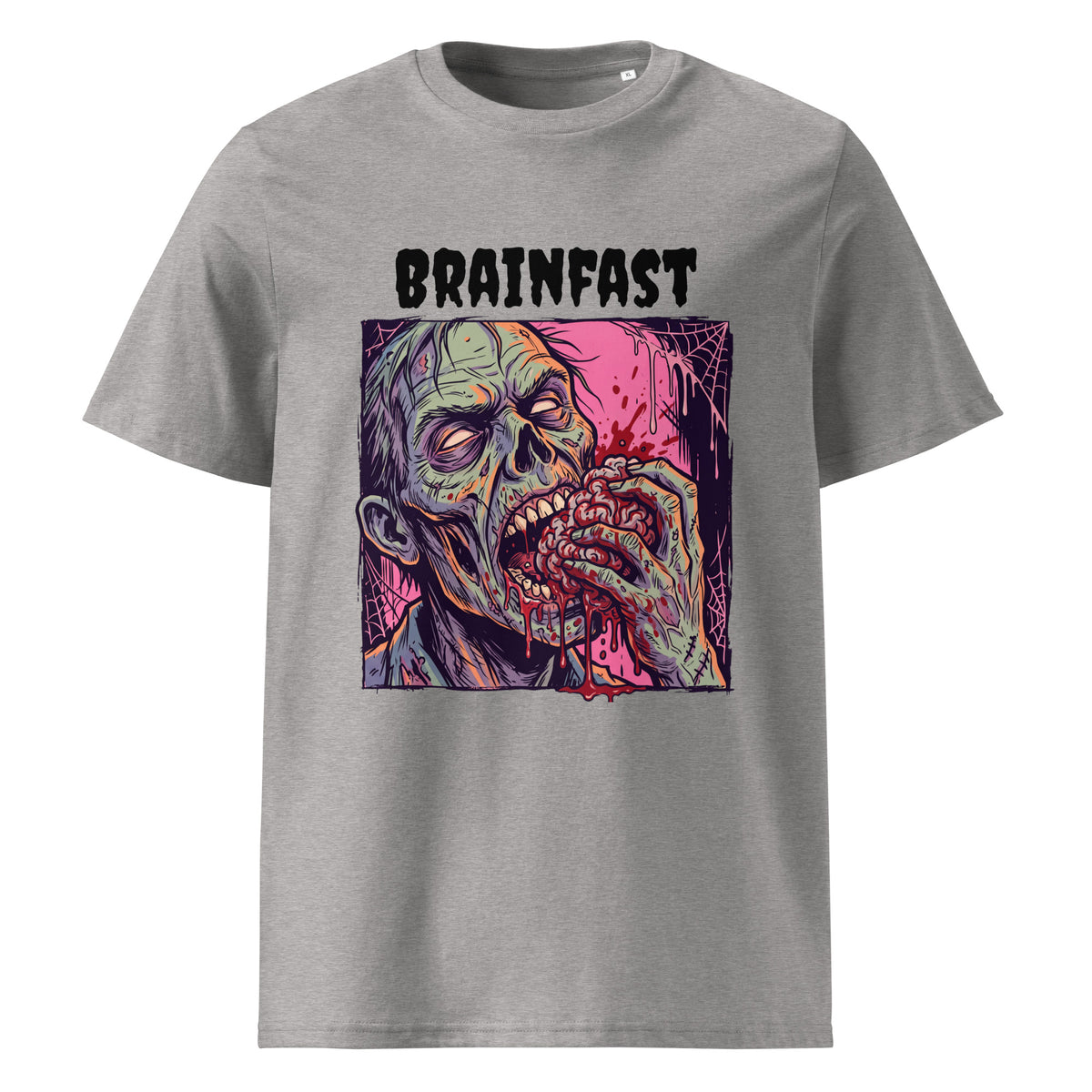 A short-sleeve crewneck t-shirt featuring a  Halloween graphic print of a zombie eating a brain with the word 'BRAINFAST' printed above it, displayed on a solid white background.
