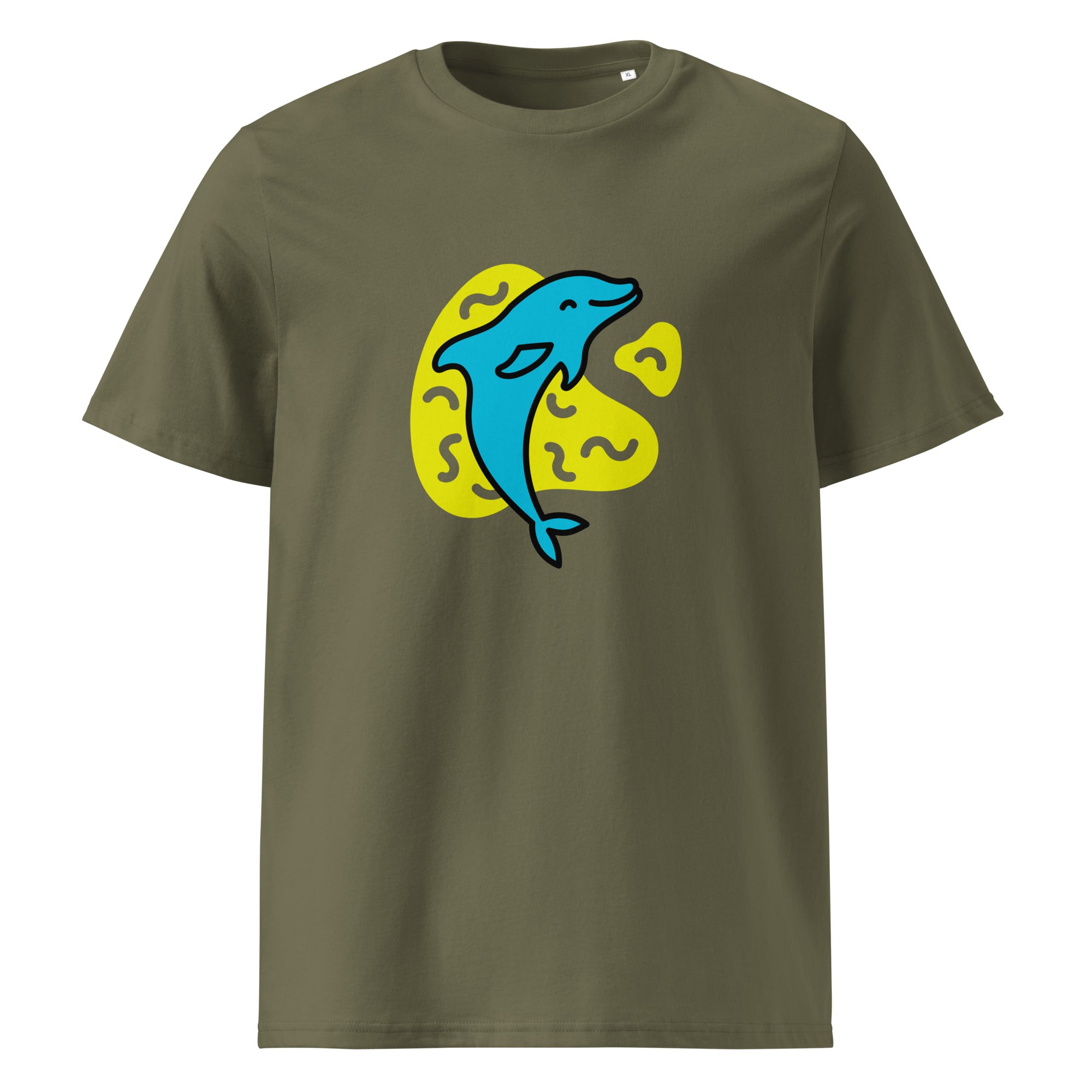 Organic cotton graphic t-shirt with a blue dolphin graphic