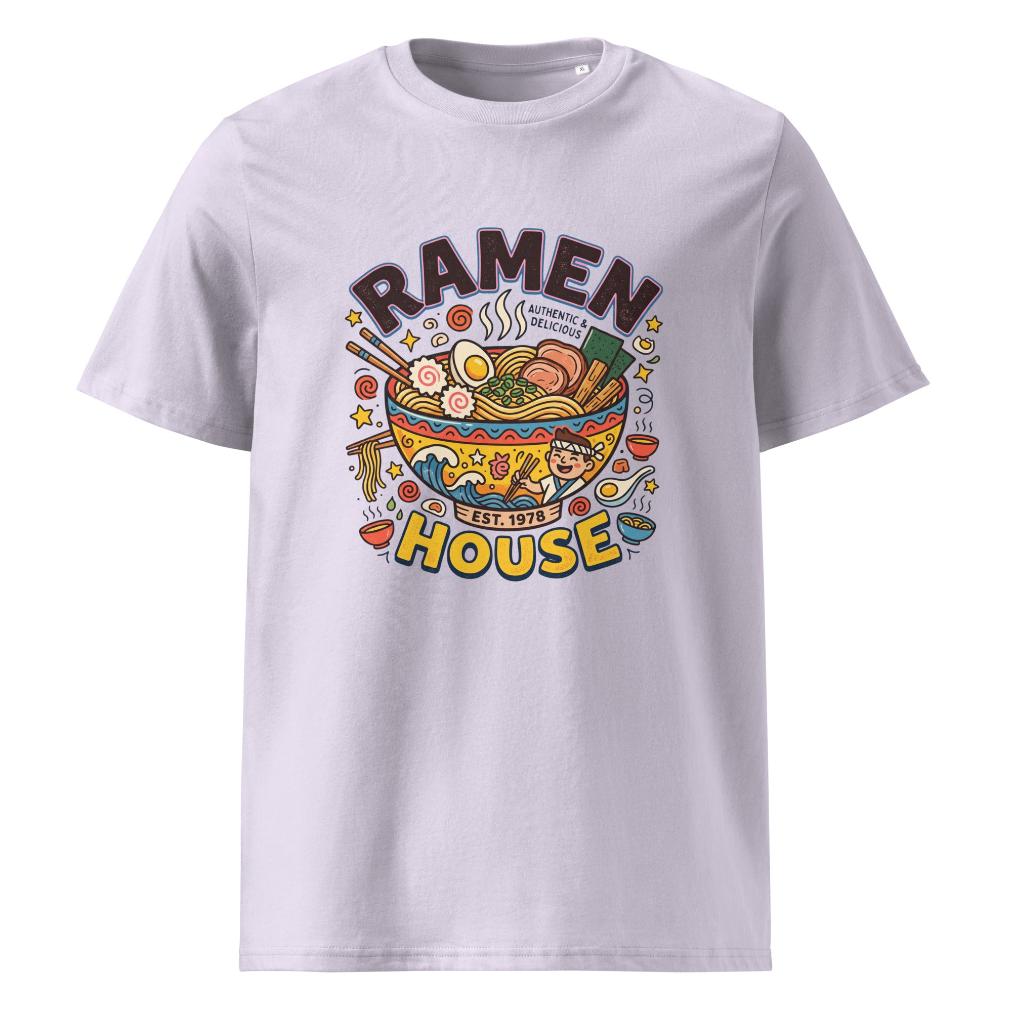 A light lavender crewneck t-shirt featuring a colorful graphic print of a ramen bowl with the text 'RAMEN HOUSE' and 'EST. 1978' on the front.