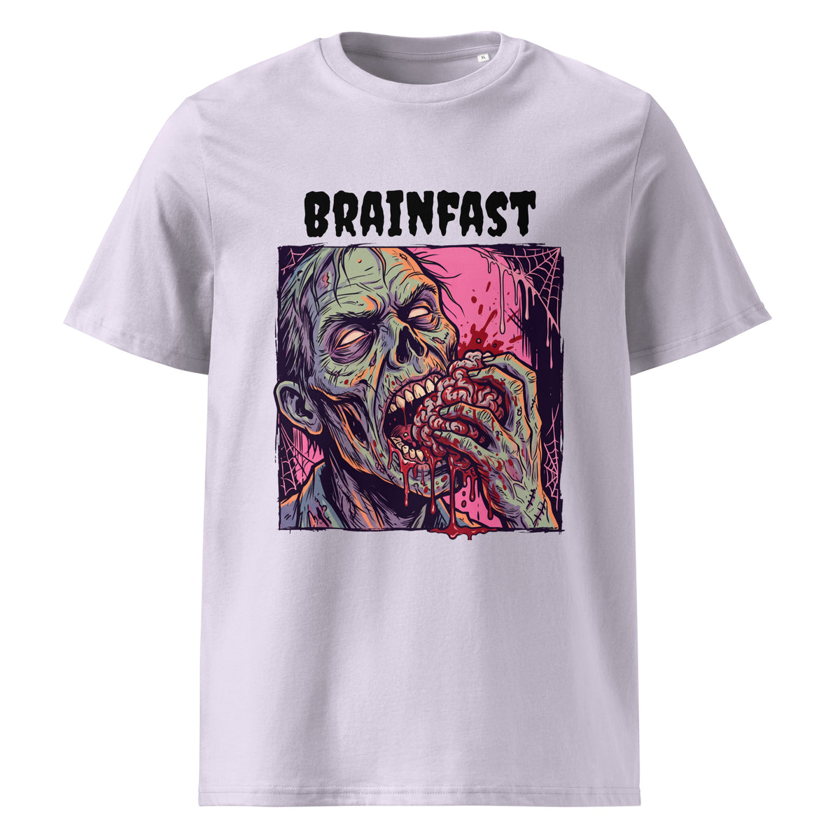 A short-sleeve crewneck t-shirt featuring a  Halloween graphic print of a zombie eating a brain with the word 'BRAINFAST' printed above it, displayed on a solid white background.