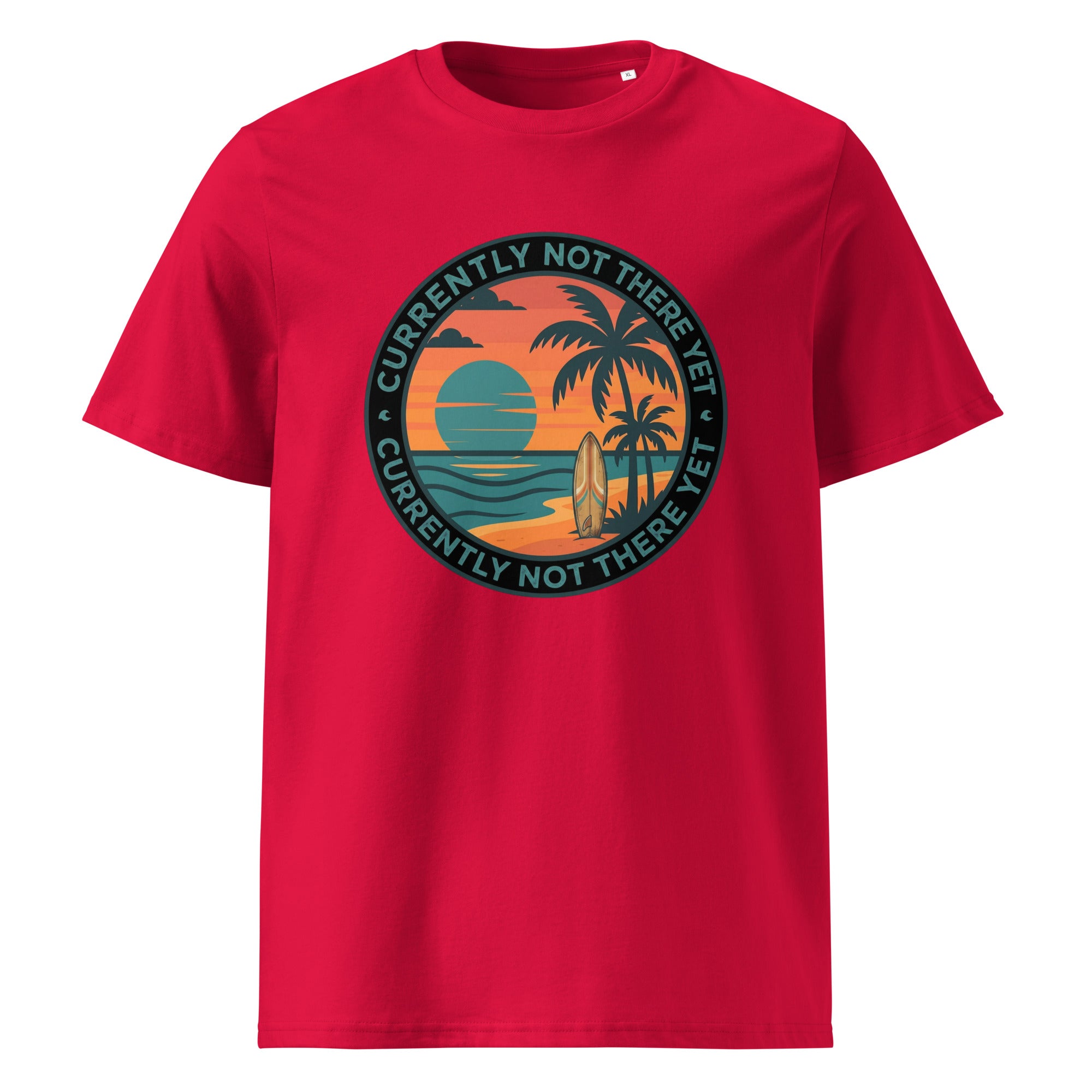 Red t-shirt with a tropical graphic and 'Currently Not There Yet' text 