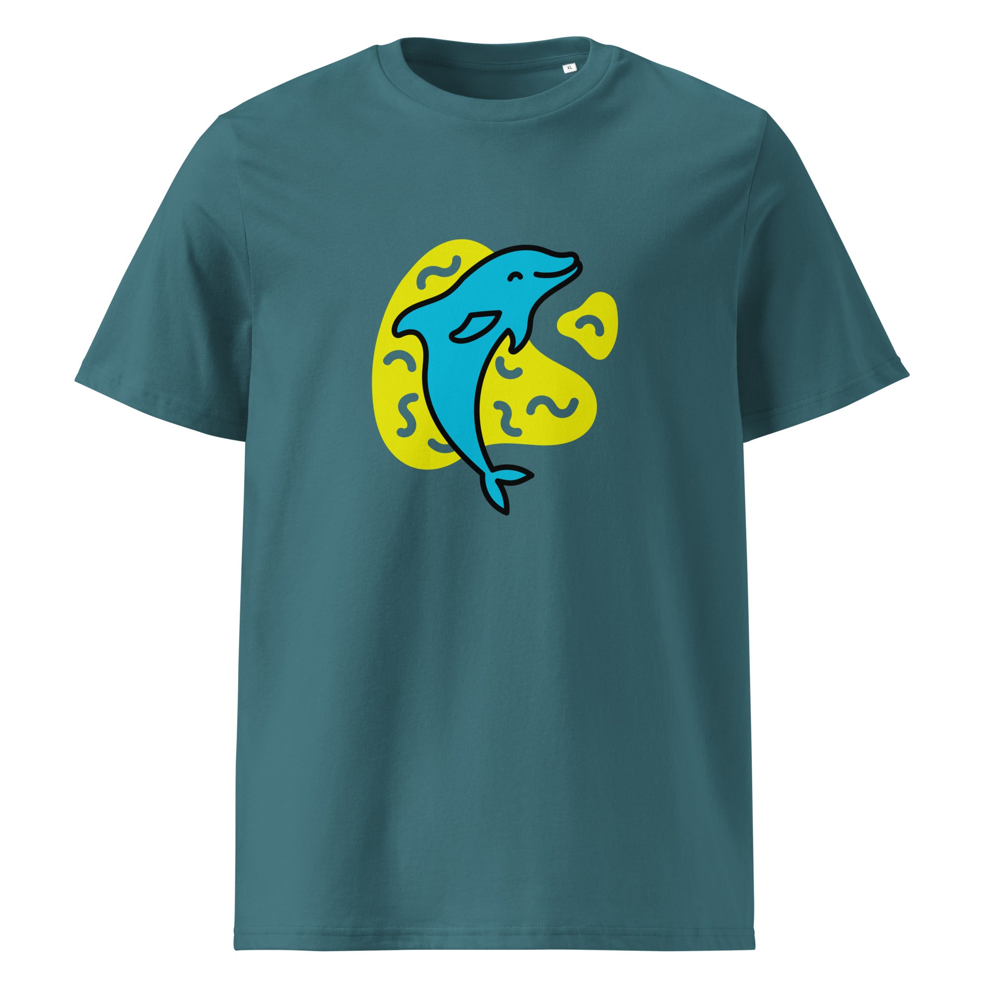 Organic cotton graphic t-shirt with a blue dolphin graphic