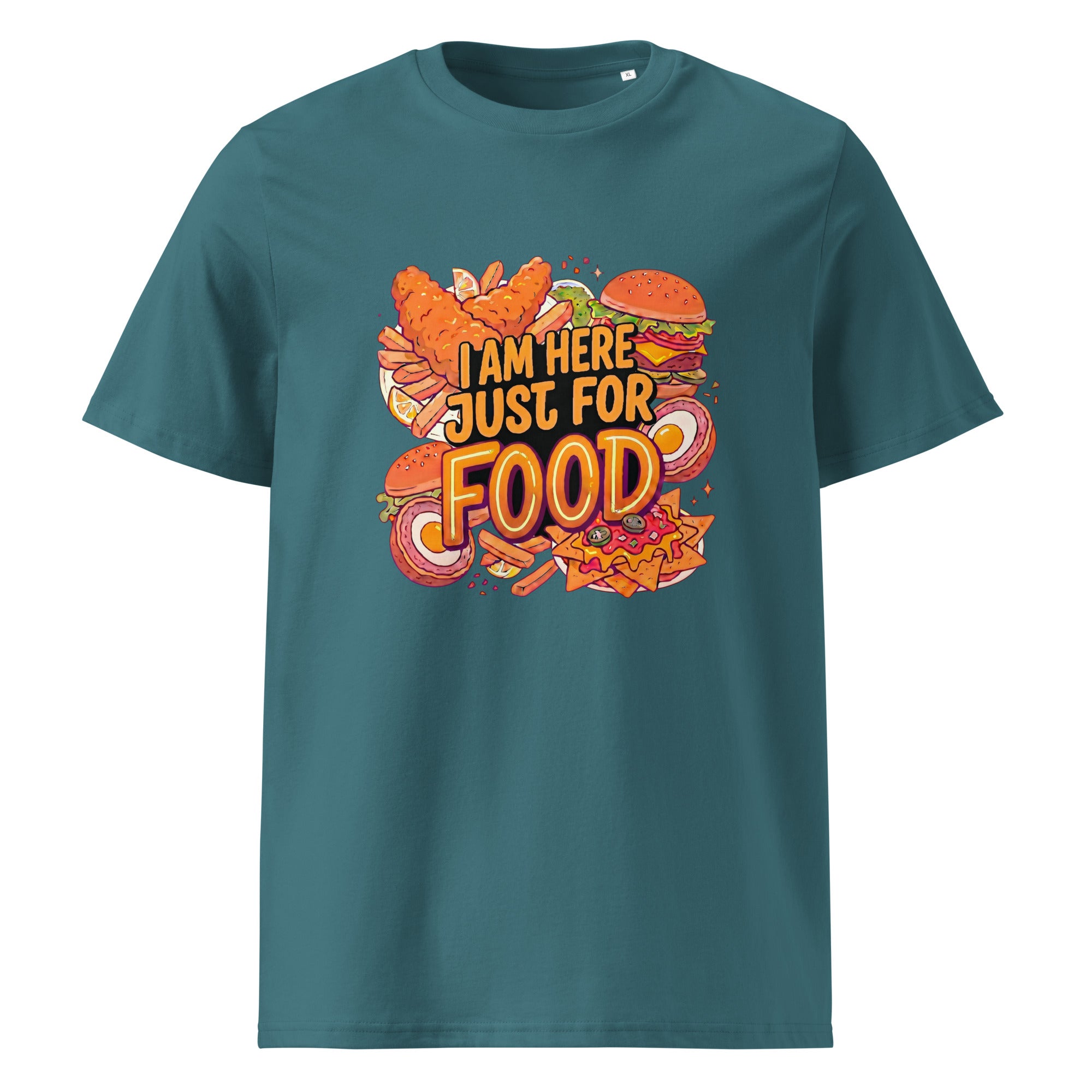 Teal t-shirt with 'I am here just for food' graphic design