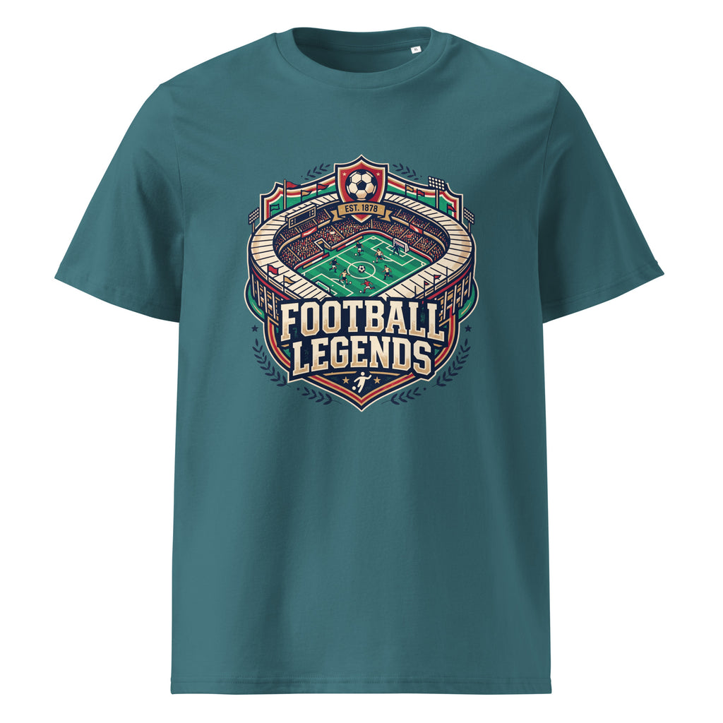 A vintage short-sleeve crewneck t-shirt featuring a large graphic print on the front with a football stadium illustration and the text 'FOOTBALL LEGENDS'.