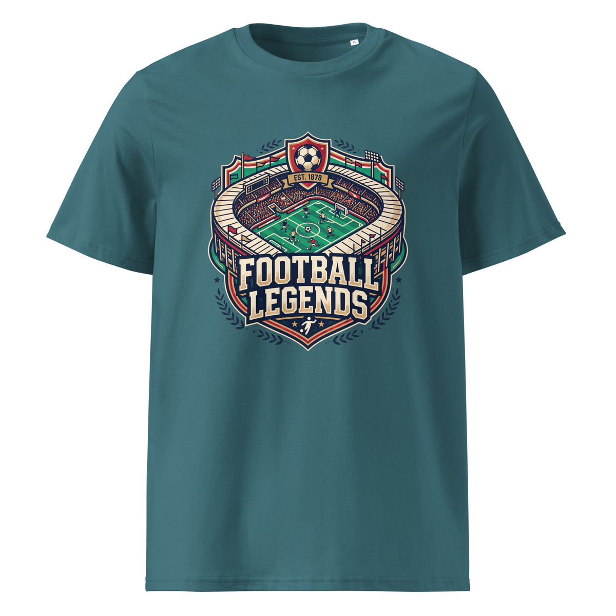 A vintage short-sleeve crewneck t-shirt featuring a large graphic print on the front with a football stadium illustration and the text 'FOOTBALL LEGENDS'.