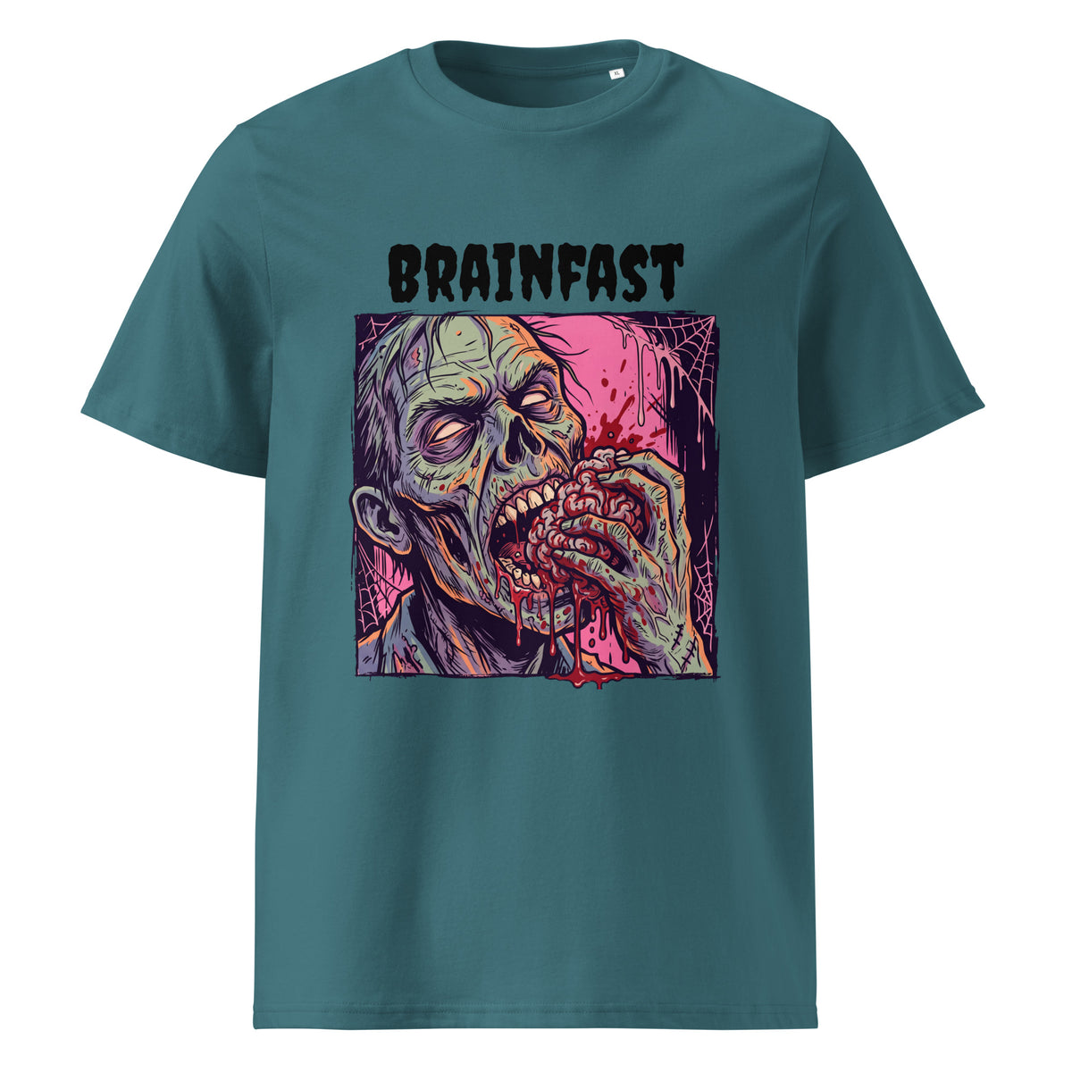 A teal short-sleeve crewneck t-shirt featuring a  Halloween graphic print of a zombie eating a brain with the word 'BRAINFAST' printed above it, displayed on a solid white background.