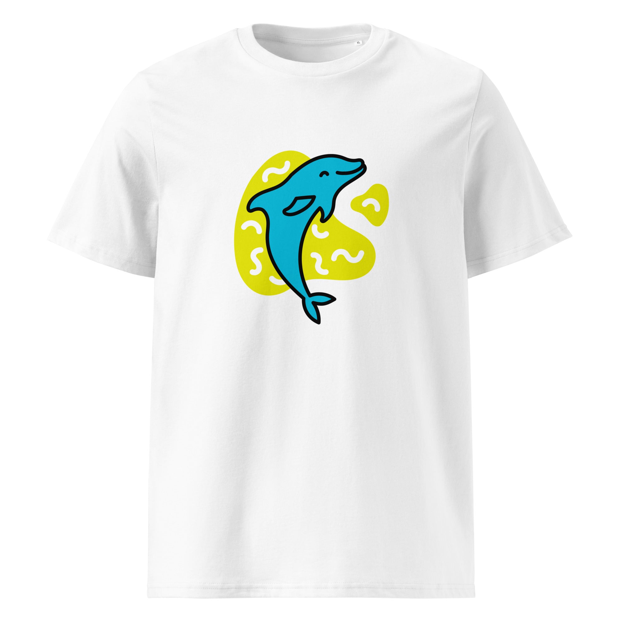 Organic cotton graphic t-shirt with a blue dolphin graphic
