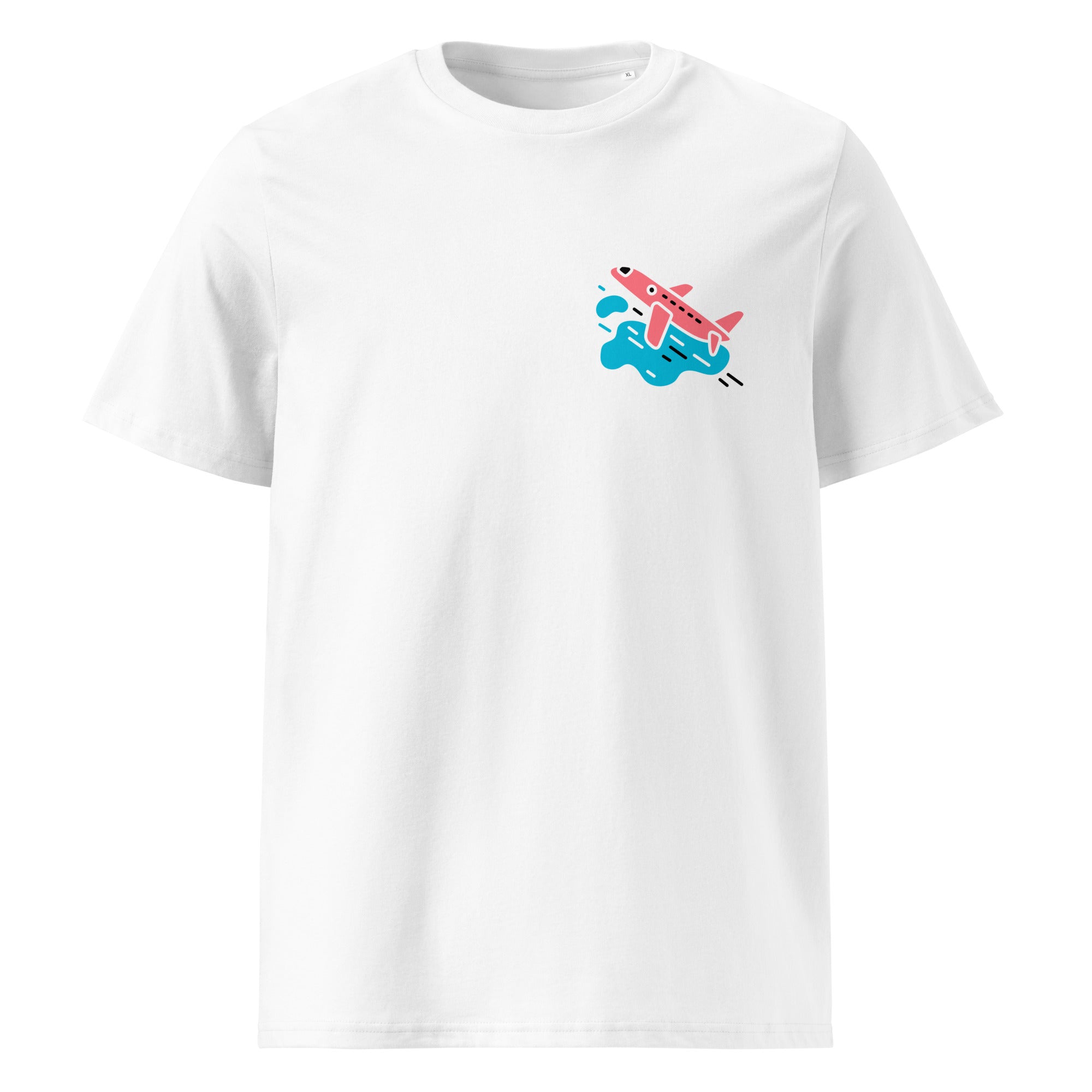 White t-shirt with a colorful airplane graphic on a white background