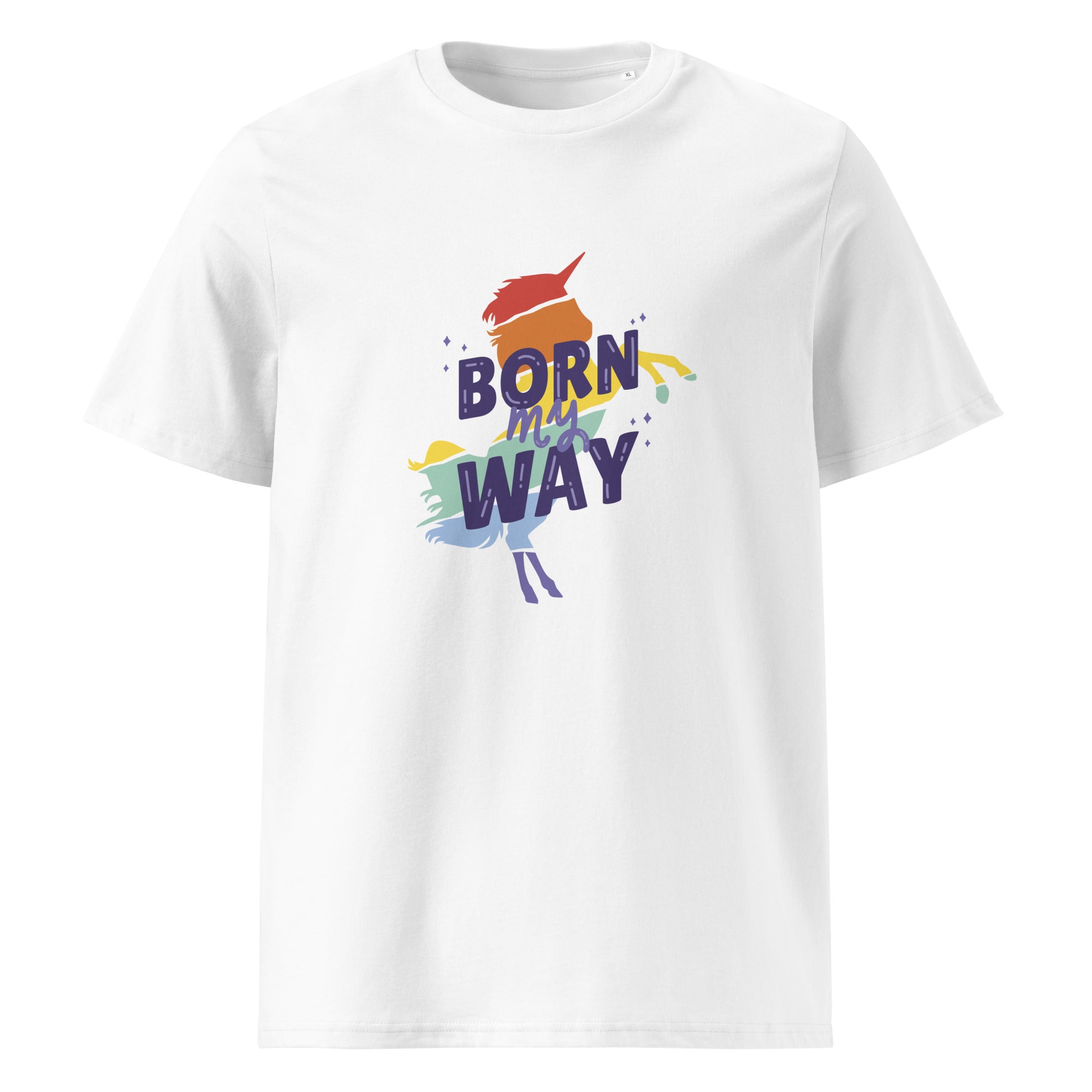 White t-shirt with colorful graphic and text 'Born My Way'