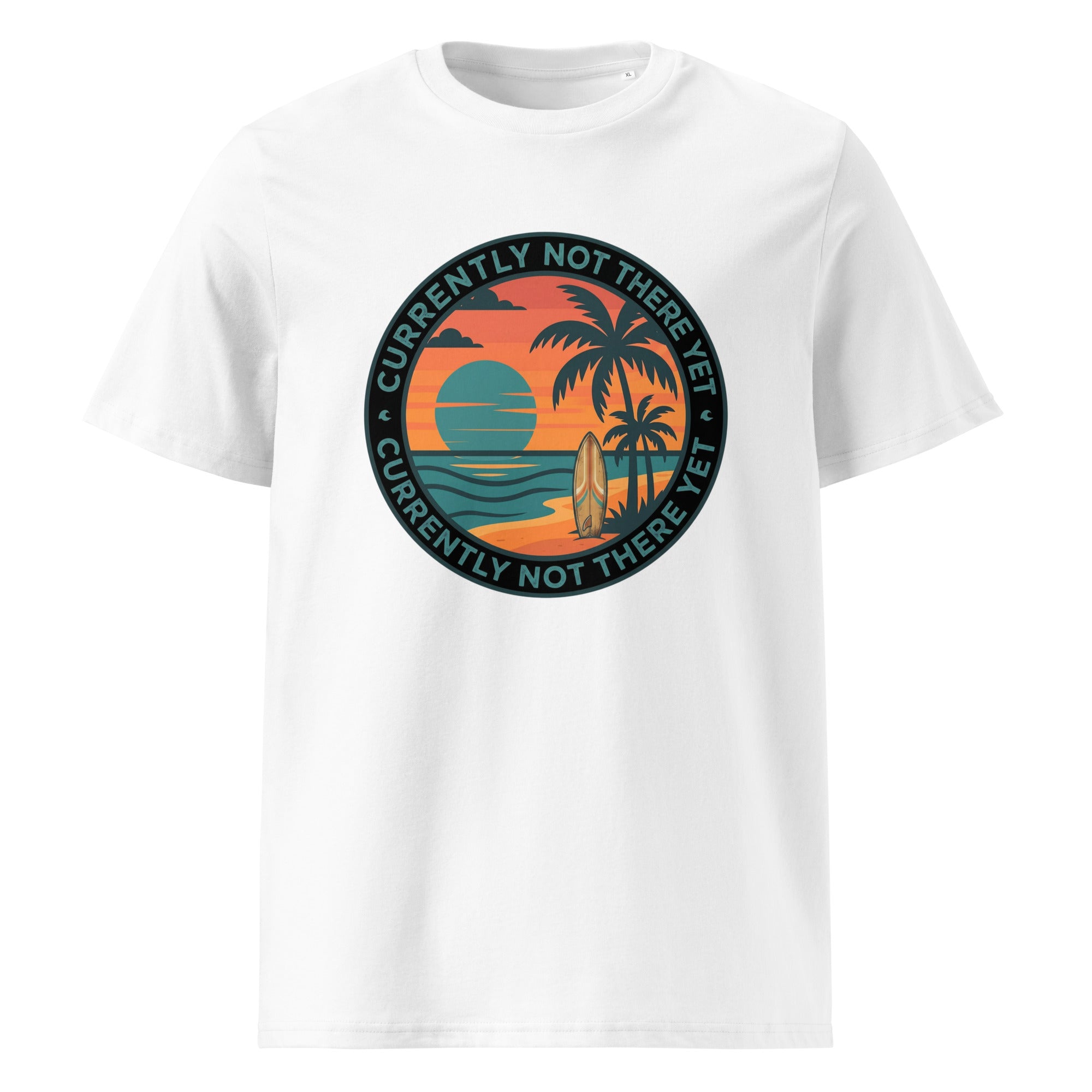 White t-shirt with a tropical graphic design on a white background