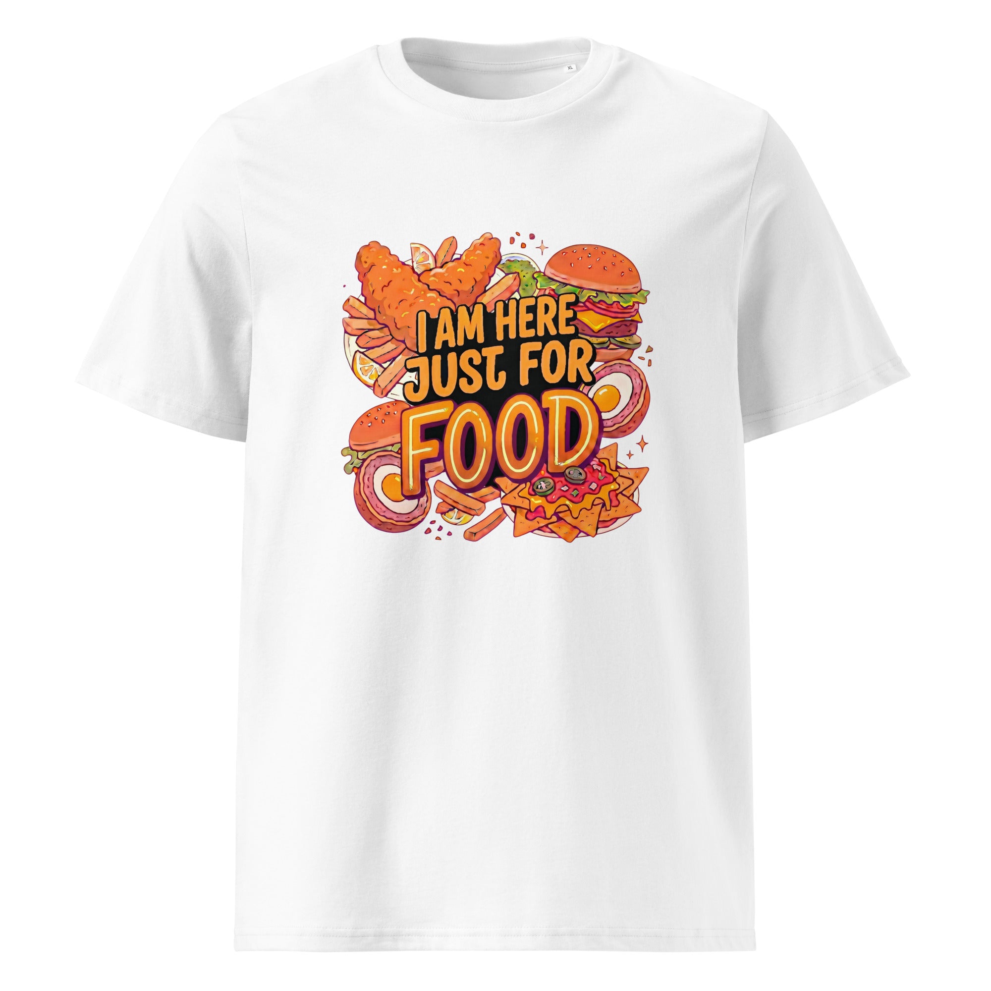 White t-shirt with colorful food-themed graphic and text 