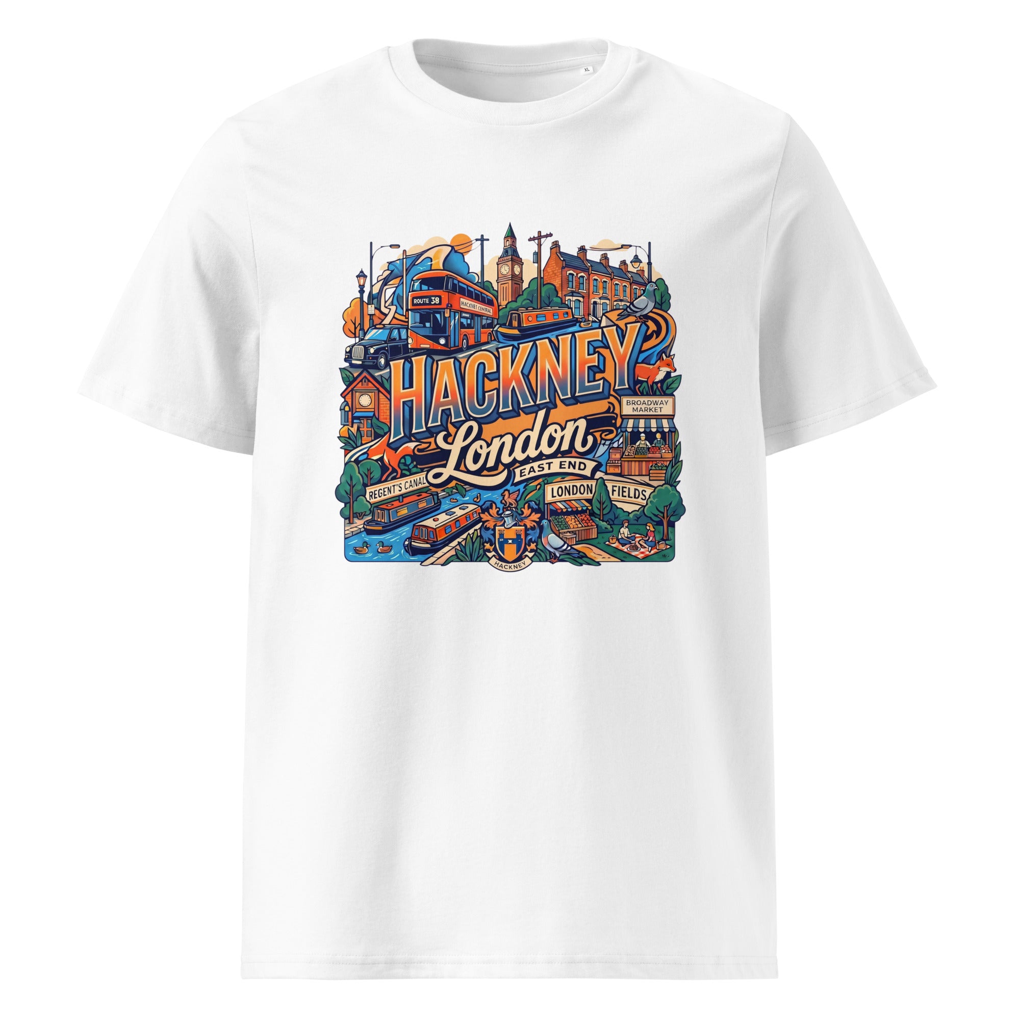 White t-shirt with colorful 'Hackney London' graphic design on a white background