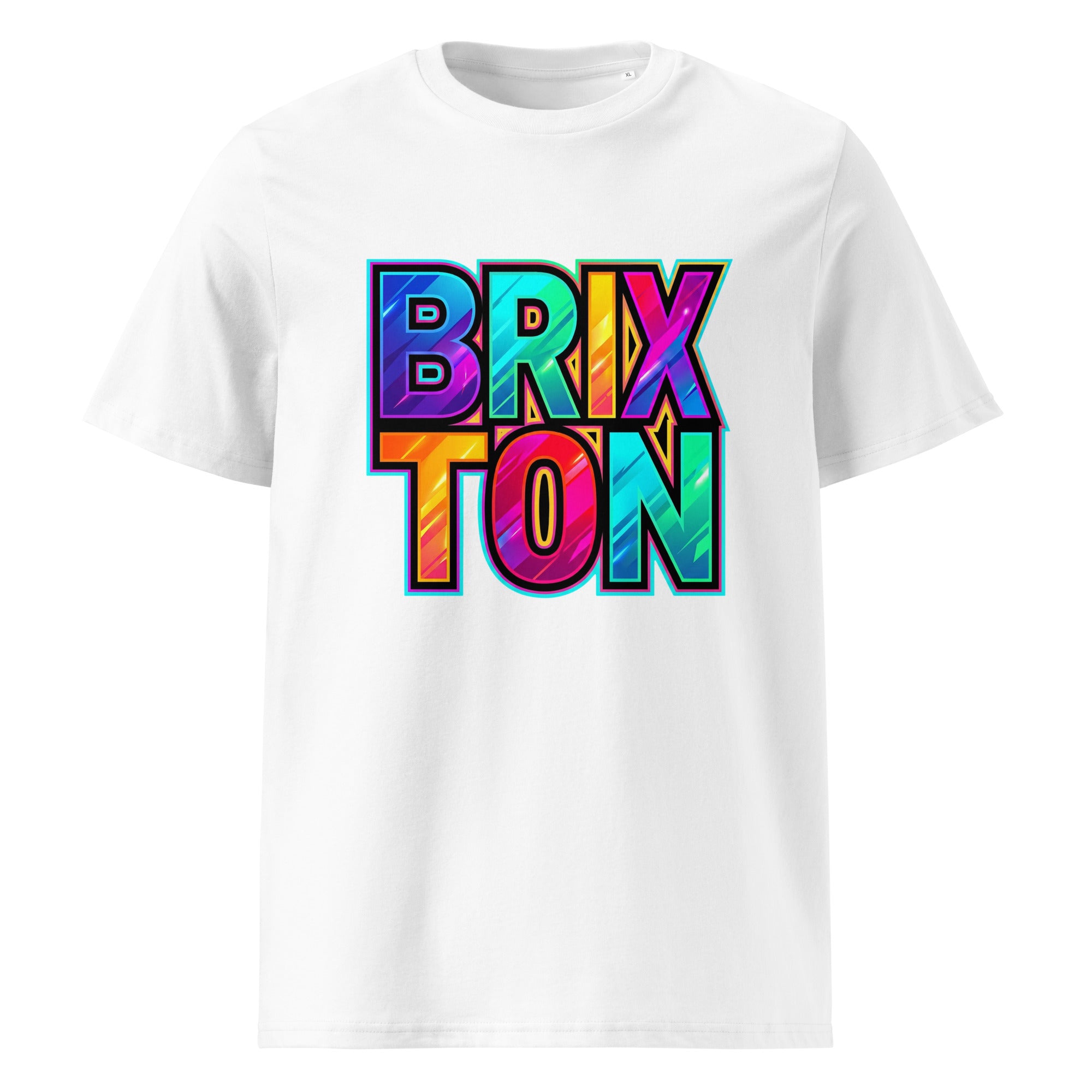 White t-shirt with 'Brixton' in colorful letters on a white background