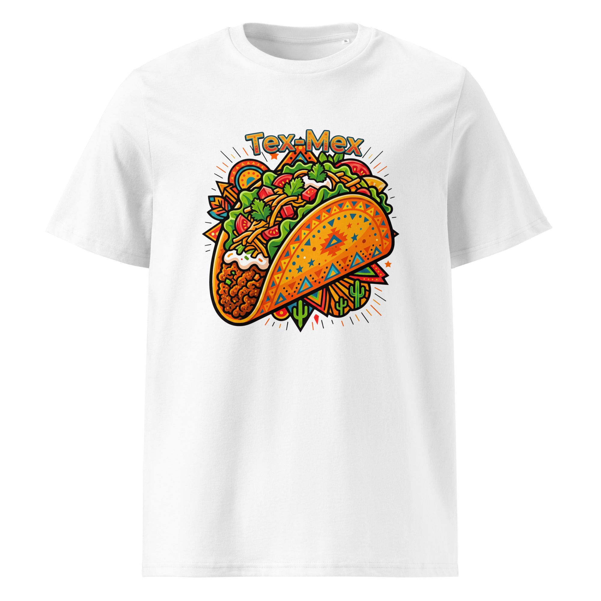 A white short-sleeve crewneck t-shirt featuring a colorful graphic of a taco filled with Mexican-themed ingredients and the text 'Tex-Mex' above it, displayed on a clean white background.