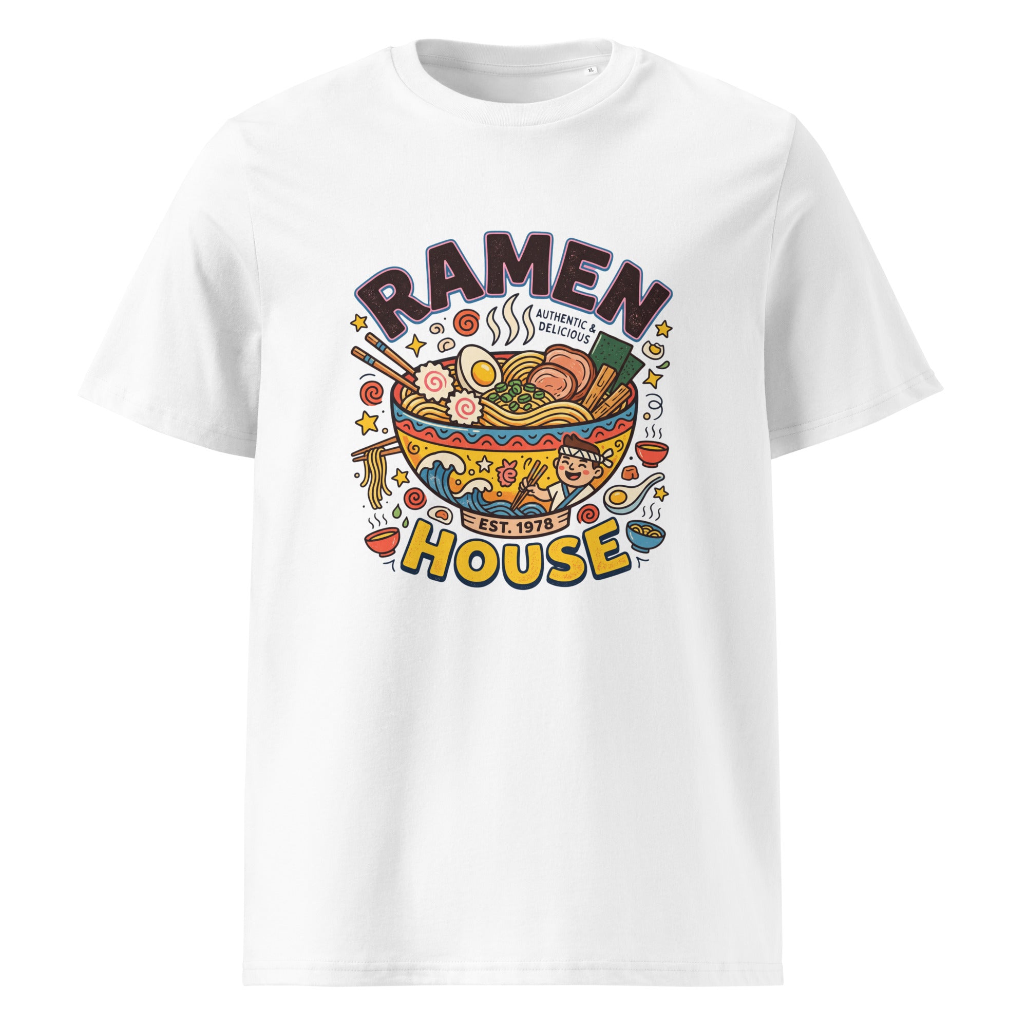A white short-sleeve crewneck t-shirt featuring a colorful graphic print of a ramen bowl with the text 'RAMEN HOUSE' and 'EST. 1978' on the front.