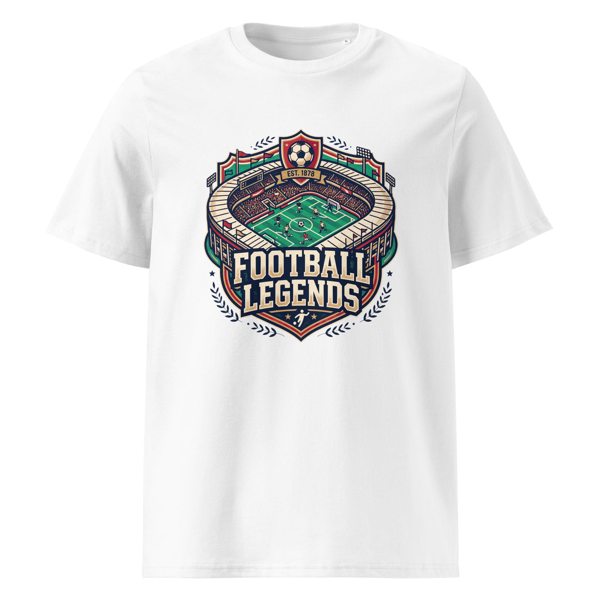 A white short-sleeve vintage match day crew neck t-shirt featuring a detailed graphic print on the front. The graphic is a stylised football stadium crest with the text 'FOOTBALL LEGENDS' in bold lettering, surrounded by decorative elements.