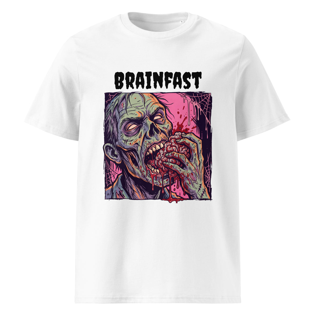 A white short-sleeve crewneck t-shirt featuring a Halloween graphic print of a zombie eating a brain with the word 'BRAINFAST' printed above it in a black distressed font.
