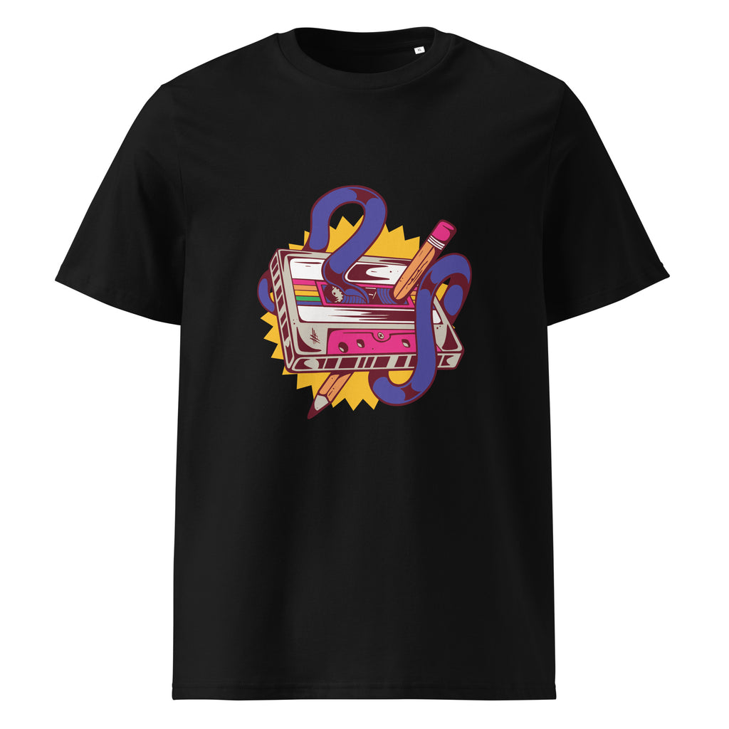 Retro Cassette graphic on a unisex organic cotton t-shirt in Black