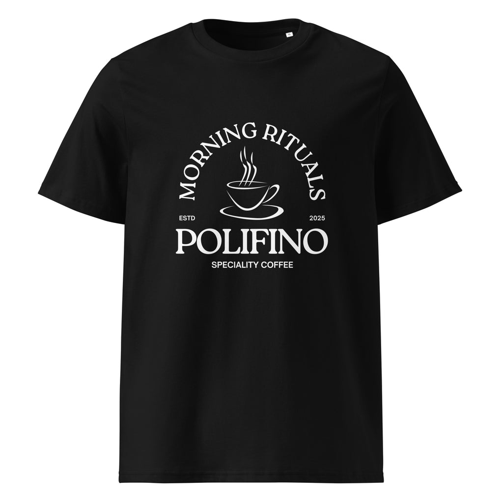 Coffee Shop graphic on a unisex organic cotton t-shirt in Black