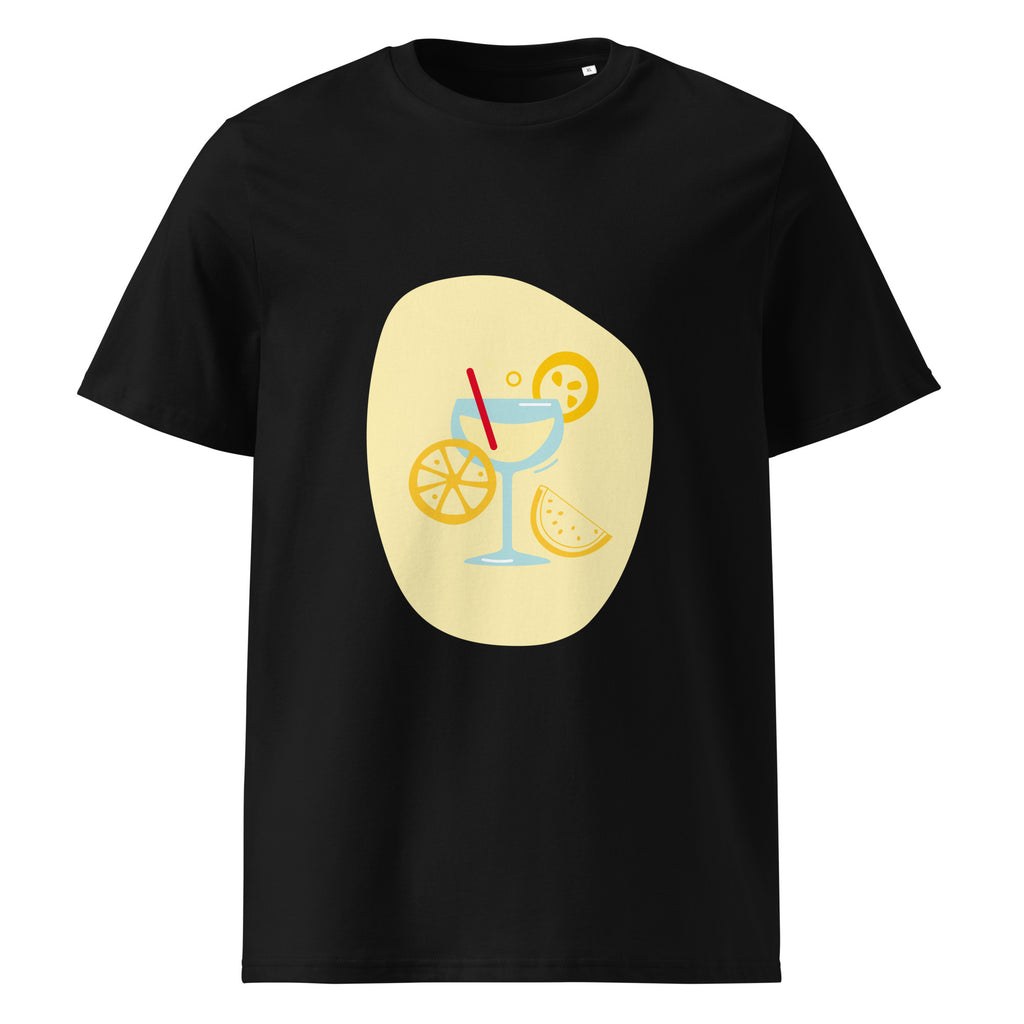 Party graphic on a unisex organic cotton t-shirt in Black
