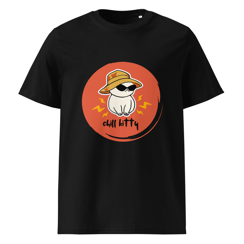Kitty graphic on a unisex organic cotton t-shirt in Black