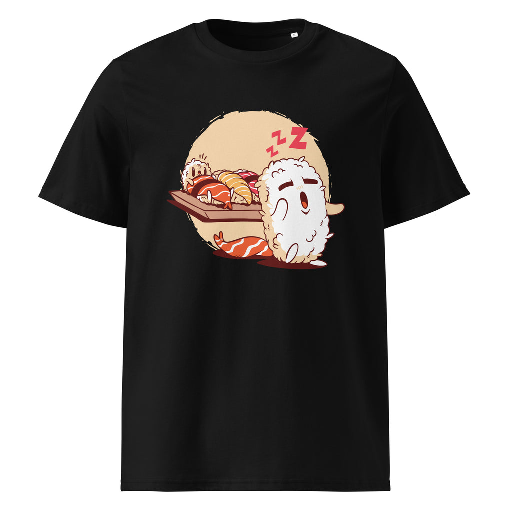 Sushi graphic on a unisex organic cotton t-shirt in Black