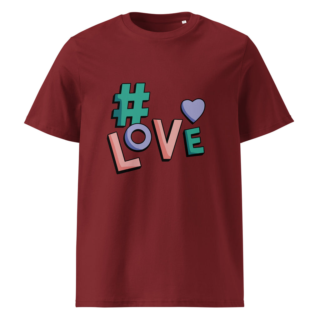 LOVE graphic on a unisex organic cotton t-shirt in Burgundy