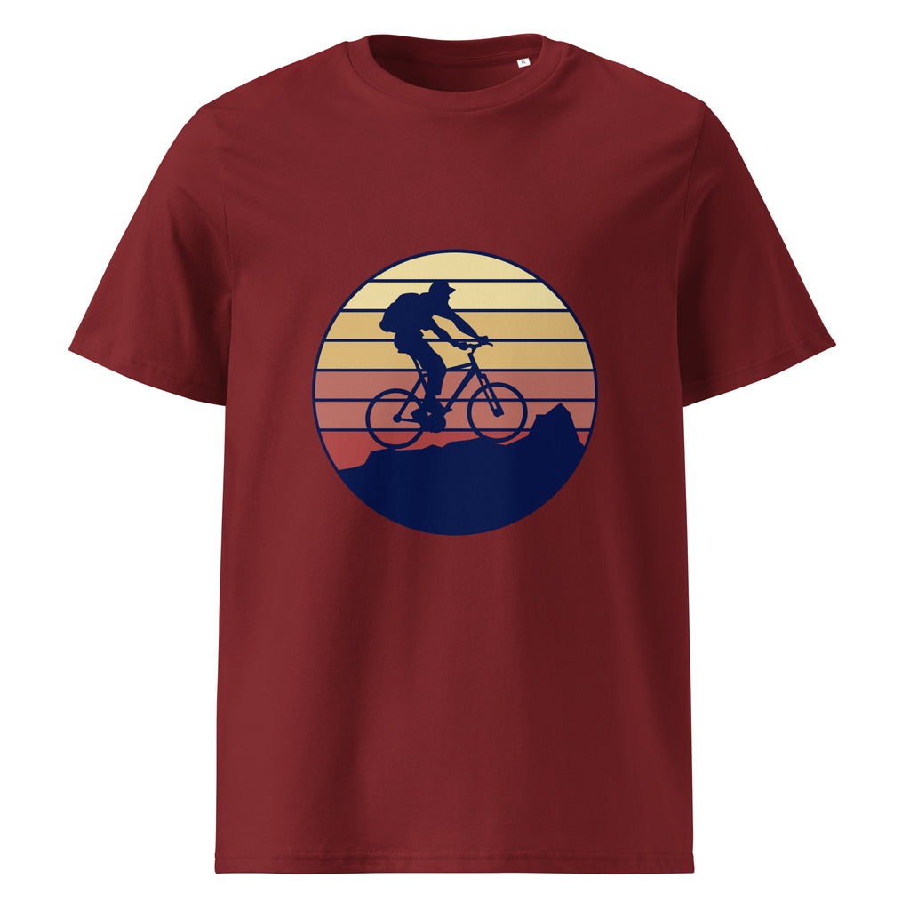 Retro Cycling graphic on a unisex organic cotton t-shirt in Burgundy