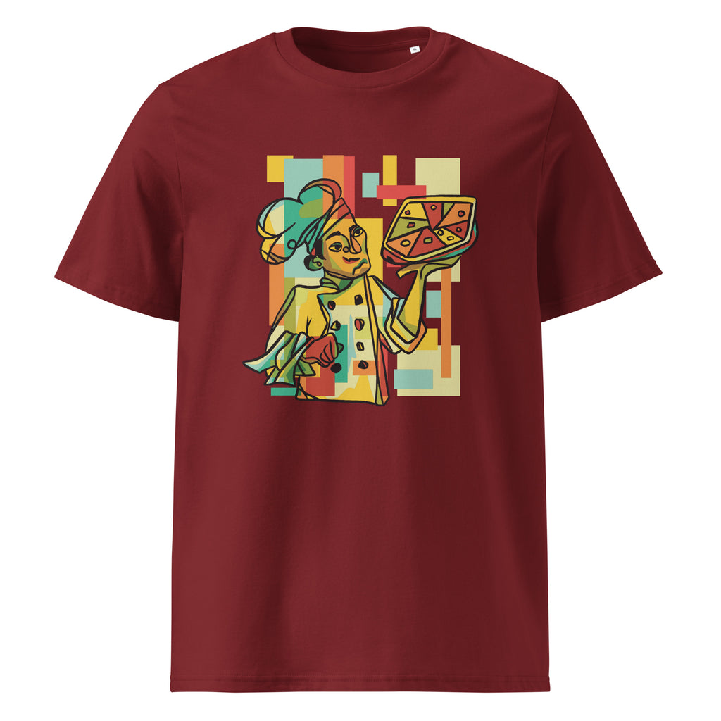 Chef's Pizza graphic on a unisex organic cotton t-shirt in Burgundy