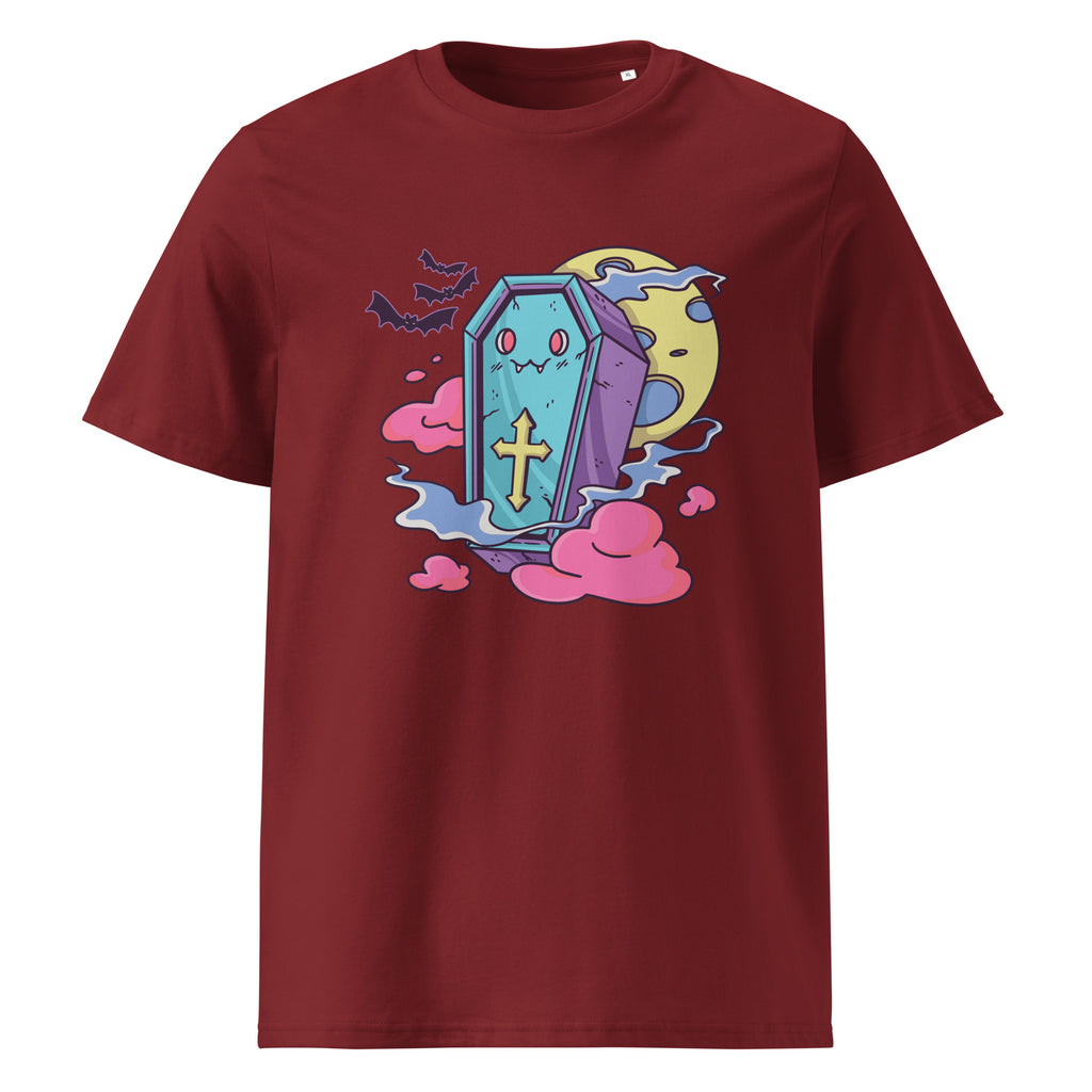 Halloween graphic on a unisex organic cotton t-shirt in Burgundy