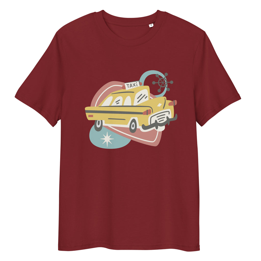 Retro Car Day graphic on a unisex organic cotton t-shirt in Burgundy