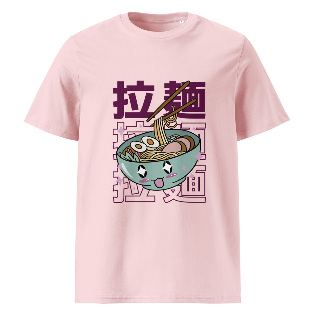 Ramen graphic on a unisex organic cotton t-shirt in Cotton Pink