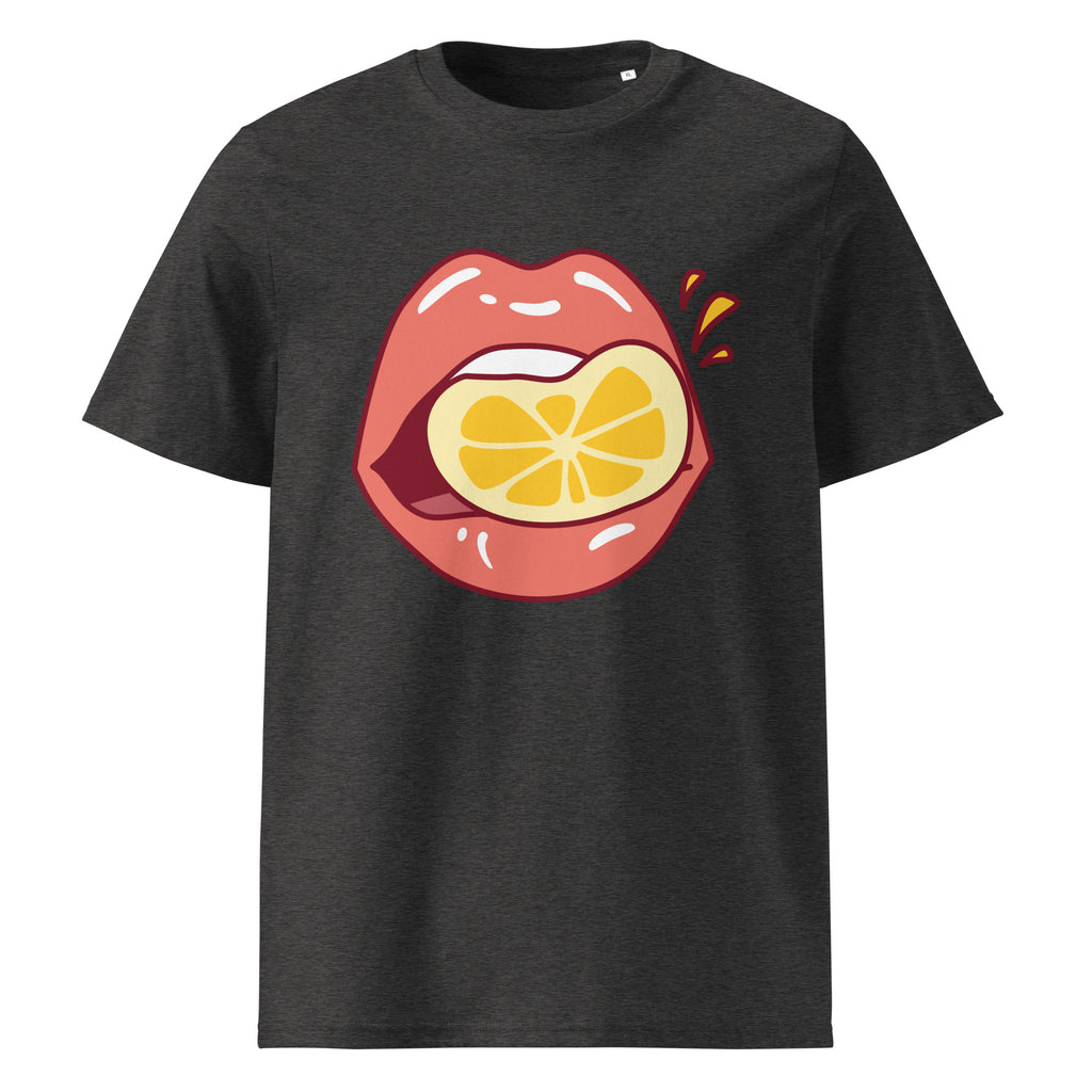 Lemon graphic on a unisex organic cotton t-shirt in Dark Heather Grey