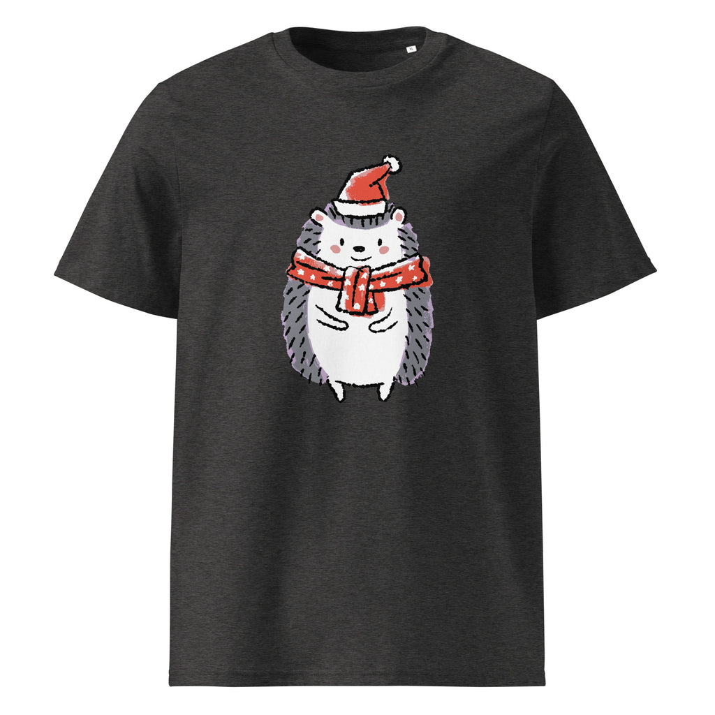 Santa Hedgehog graphic on a unisex organic cotton t-shirt in Dark Heather Grey