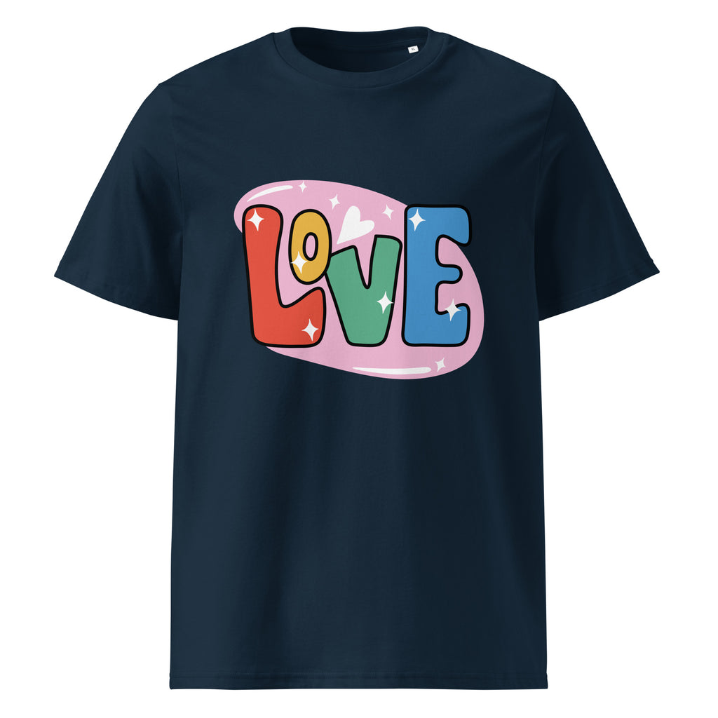 LOVE graphic on a unisex organic cotton t-shirt in French Navy
