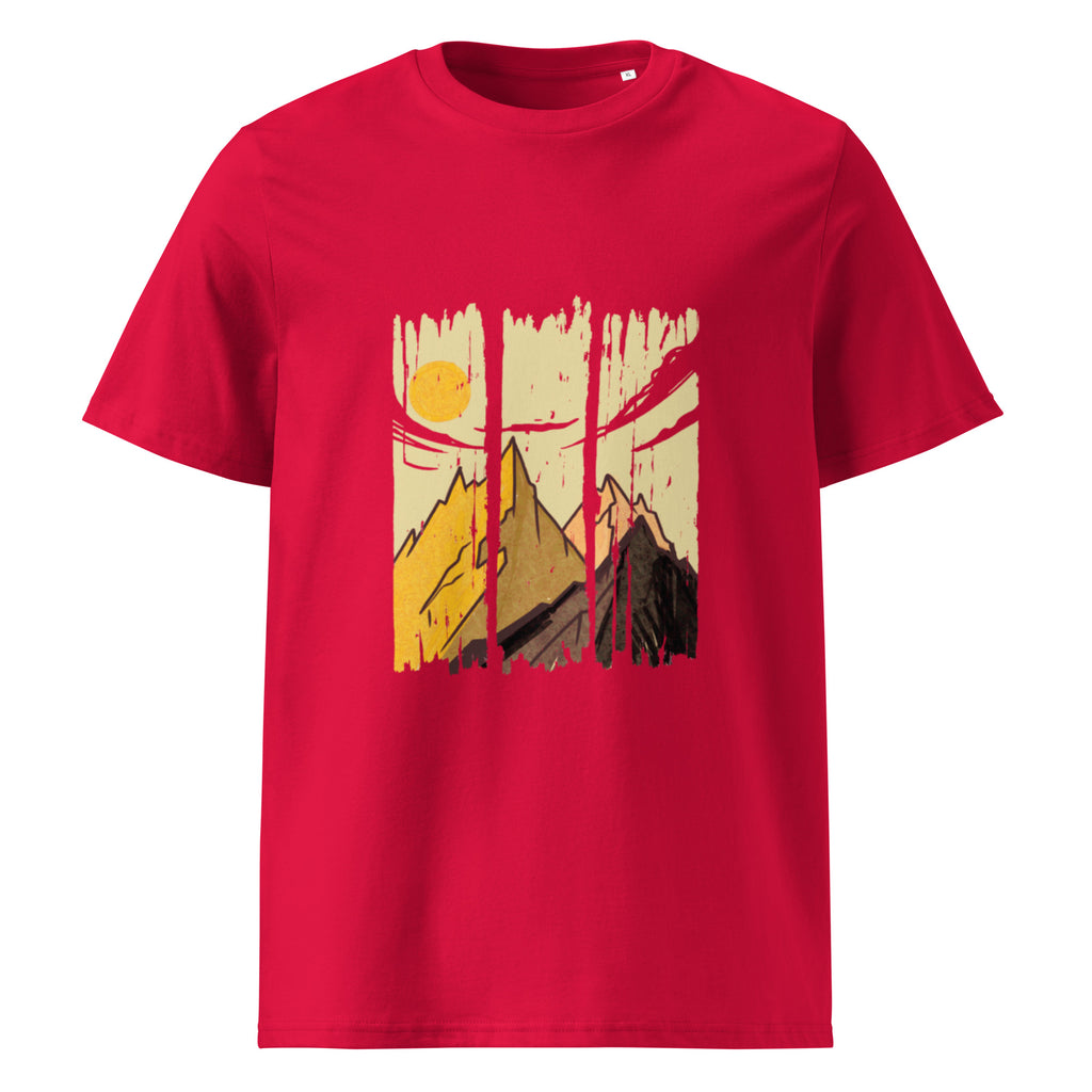 Mountains graphic on a unisex organic cotton t-shirt in Red