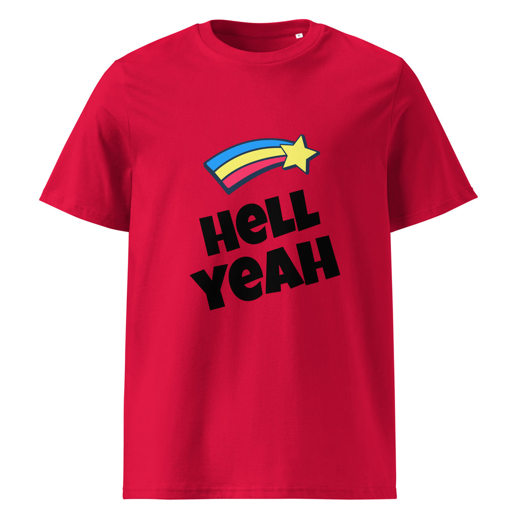 Hell Yeah graphic on a unisex organic cotton t-shirt in Red