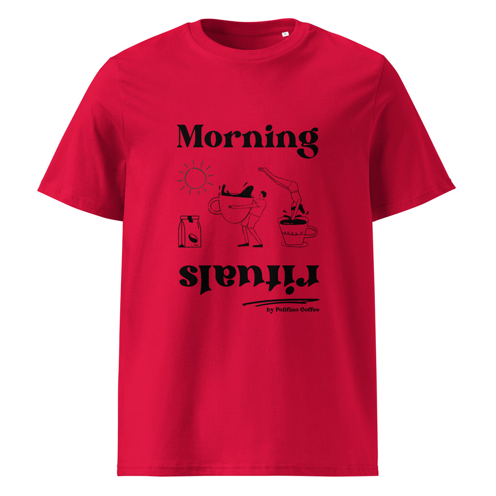 Coffee graphic on a unisex organic cotton t-shirt in Red