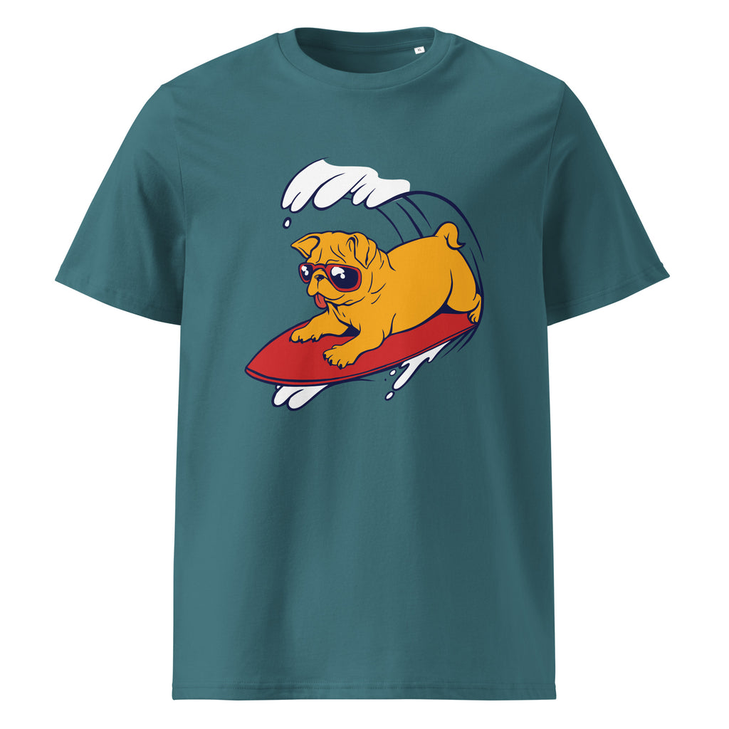 Surfing Dog graphic on a unisex organic cotton t-shirt in Stargazer